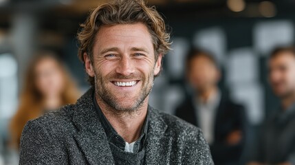 Obraz premium Happy male speaker smiling confidently while engaging with supportive colleagues in a professional conference setting