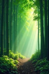Serene bamboo forest bathed in soft morning light, mist clinging to the lush green foliage A peaceful scene embodying natural eastern tranquility , vibrant, morning, mist