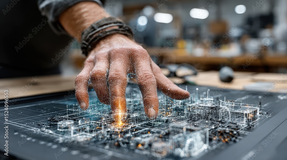 Aufkleber Close-up of person's hand interacting with circuit board to create digital visuals for professional team engagement