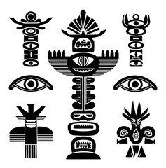 Naklejka premium Intricate Black and White Art Illustrations of Tribal Symbols and Totems