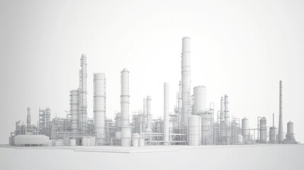 Naklejka premium Wireframe rendering of a sprawling industrial refinery complex against a stark white background, showcasing numerous towers