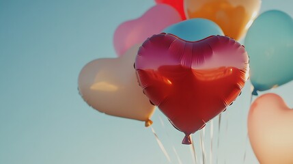 A close-up of heart-shaped balloons gently swaying in the wind against a clear sky