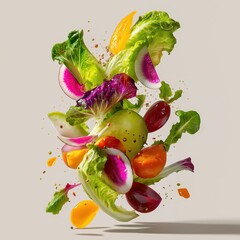 Flying Fresh Salad Ingredients Isolated on White