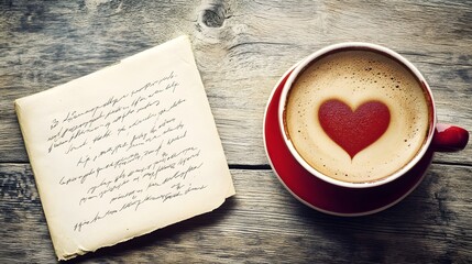 A cup of coffee with heart-shaped foam art resting on a wooden table beside a love letter