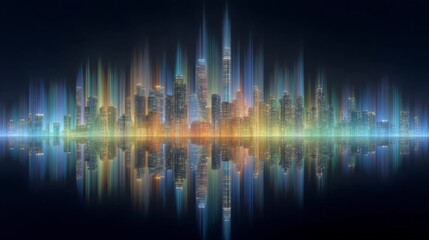 Futuristic Cityscape  Night Skyline Reflection  Vibrant Lights  Modern Architecture