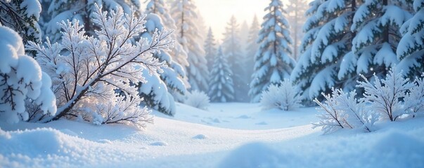 Frozen landscape blanketed in pristine snow, ice crystals clinging to branches, a tranquil winter scene Perfect for winter wonderland, holiday, and seasonal themes , environment, texture