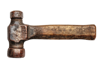 Rusty, aged hammer with wooden handle, isolated on black