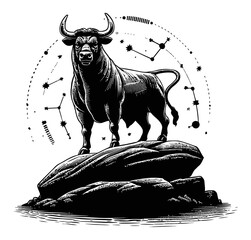 Majestic Bull Engraving on a Rock with Celestial Background Elements