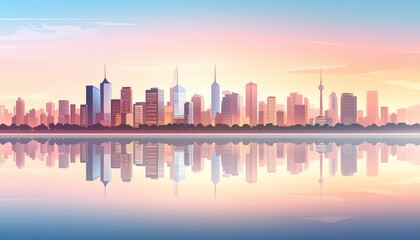 Obraz premium Cityscape Reflection at Dawn: A Serene Urban Panorama