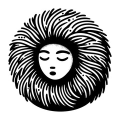 Drawing shows a face with closed eyes. radiating lines surround the face, creating a stylized and minimalist design.