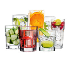 Variety of Refreshing Beverages Featuring Citrus and Fresh Ingredients in Glass Cups for a Summer Drink Promotion or Cocktail Party Gathering