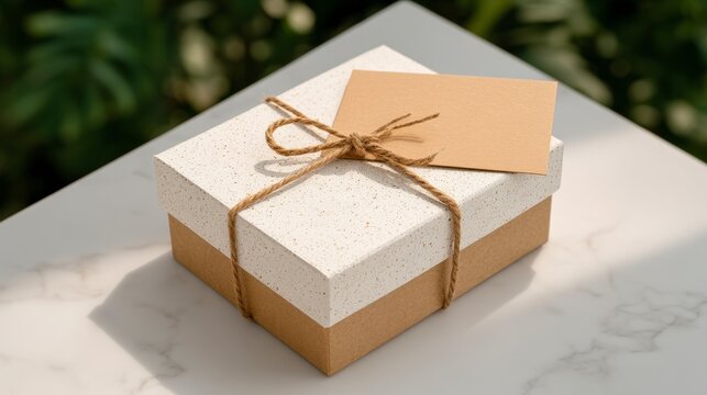Elegant Gift Box with Kraft Notecard  Marble Background  Natural Twine