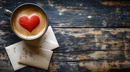 A cup of coffee with heart-shaped foam art resting on a wooden table beside a love letter