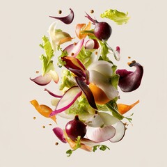 Flying Fresh Salad Ingredients Isolated on White