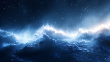 Dramatic seascape at night with celestial light and sparkling starry sky above creating a mystical and ethereal atmosphere perfect for fantasy or scifi illustration