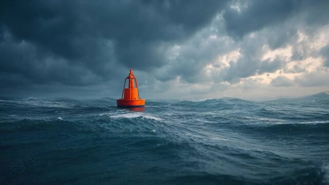 Navigational Beacon Amidst a Storm: A vibrant orange navigational buoy bobs amidst the turbulent waves under a brooding sky.