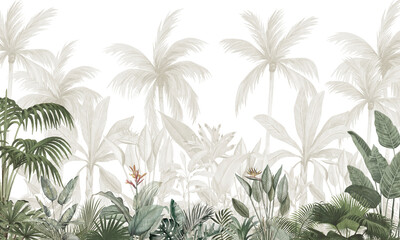 Soft Botanical Wall Mural: Light Green Palms & Exotic Plants Background © csinie1