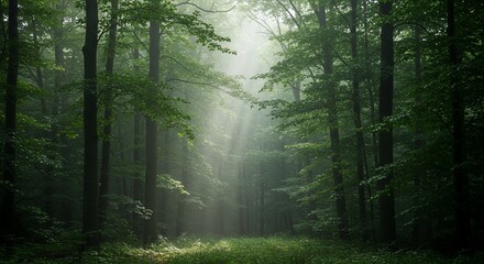 Obraz premium Serene Sunlit Forest with Lush Greenery