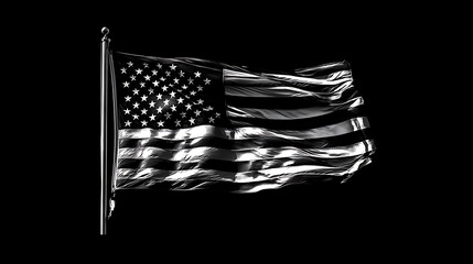 Dramatic silver american flag waving against black background patriotic symbol monochrome representation united states of america