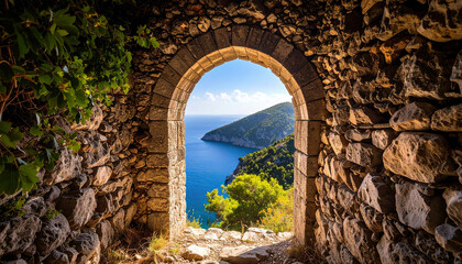An ancient stone archway frames a breathtaking view of the turquoise sea and lush green hillside, inviting peaceful reflection and a sense of timeless wonder.