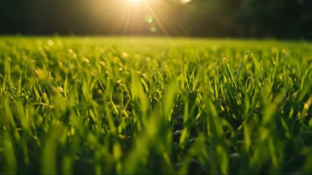 夕日輝く緑の草原 鮮やか