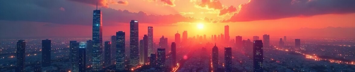 A futuristic cityscape at sunset, gleaming skyscrapers reaching towards a vibrant, colorful sky, symbolizing a hopeful and prosperous tomorrow , bright, architecture, future