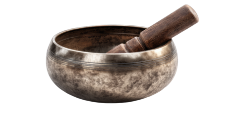 Antique-looking metal bowl with wooden mallet