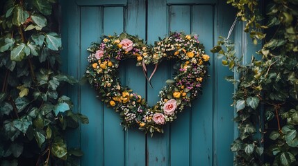 A heart-shaped wreath hanging on a door surrounded by soft greenery and flowers