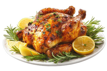 Roasted chicken on a plate with lemon and rosemary