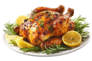 Roasted chicken on a plate with lemon and rosemary