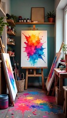 A vibrant studio filled with colorful paints, brushes, canvases, and art supplies Ready for creative expression and artistic exploration A joyful explosion of color , painting, modern, acrylic