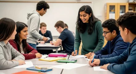 A diverse group of high school students collaborates on a group project at a table in a modern classroom. © imfotograf
