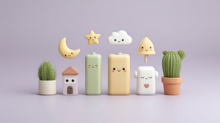 Cute Cartoon Icons  Happy Batteries  Cactus  House  Moon  Stars