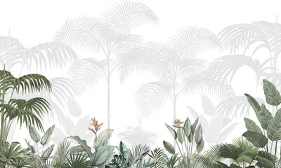 Minimalist Botanical Wall Mural: Faded Green Jungle Landscape Background © csinie1