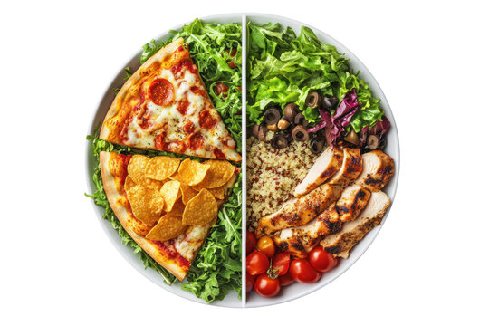 A Dichotomy of Deliciousness: An appetizing overhead shot showcases a plate divided into two contrasting sections, one brimming with tempting unhealthy treats and the other with wholesome.