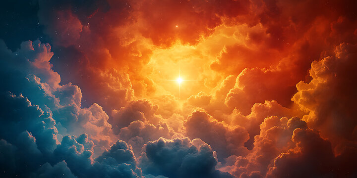 Dramatic sky view of glowing starburst with clouds orange and blue hues celestial scene heavenly light abstract background digital artwork atmospheric effect beautiful