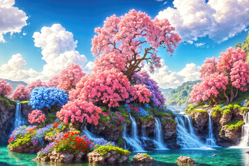 A beautiful paradise land full of flowers,  sakura trees, rivers and waterfalls, a blooming and magical idyllic Eden garden