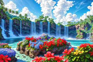 Paradise landscape with beautiful  gardens, waterfalls and flowers, magical idyllic heavenly view with beautiful fantastic flowers in Eden.