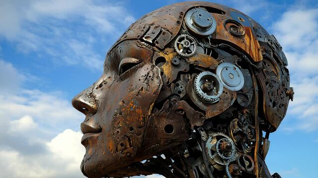 A metal sculpture of a man 's head with gears on it