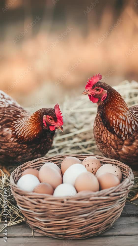 Poster two brown chickens observe a wicker basket full of fresh eggs, placed on a wooden surface with straw