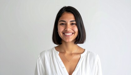 Fototapeta premium 笑顔の若い女性, ボブカット, すっきりスタイル, 自然光, 白いブラウス, 清潔感のある白背景, リアルな描写, 柔らかい光, シャープなフォーカス, 高精細, a smiling young woman, bob cut, neat and clean style, natural lighting, white blouse, clean white background