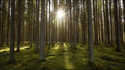 Obraz premium Sunlight streaming through a green forest