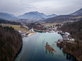 Konigsee, Germany: Dramatic aerial view of the Konigsee, the King's lake, in the Bavarian alps in Berchtesgaden in Germany on a cloudy winter day
