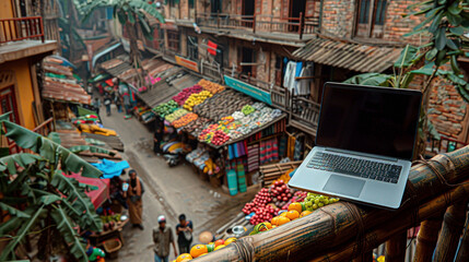 Digital Nomad's Oasis: Laptop and Street Market Vibes