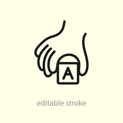 Fine motor skills icon. Baby picking up a cube. Kids motor activity. Training games for babies and toddlers. Pre-school education. Vector