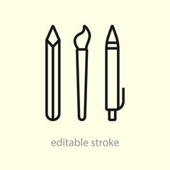Paintbrush, pencil and pen. Painter's tools or equipment. Artist's instruments. Brush and pencils. Vector