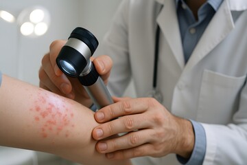 Dermatologist Examining Patient Skin with Dermatoscope in Clinic