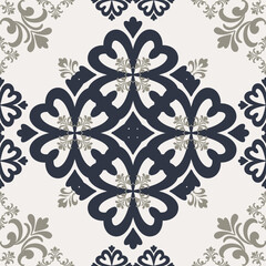 Seamless Navy and Gray Vintage Tile Pattern – Ornate Damask Background for Decor and Design. Perfect for use in classic interior design, wallpaper, ceramic tiles, textiles, rugs, wrapping paper.
