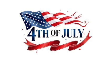 A flat logo featuring the text '4th July Independence Day' with an American flag in the foreground and a red ribbon wrapped around it, all set against a white background in an Independence Day theme.
