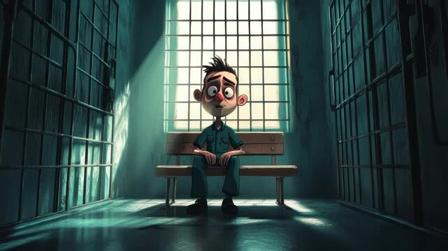 Cartoon man in jail, sad and thoughtful character design sitting on a bench in prison